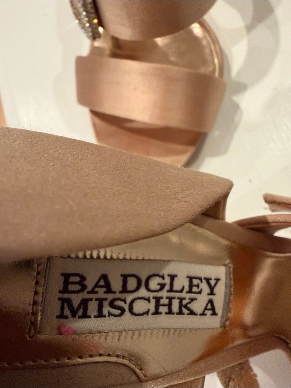Badgley Mischka Satin D'Orsay Heels in Warm Champagne-Tan with Crystal Buckle.